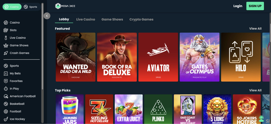 Mega Dice has a sleek, mobile-optimized site. The games are neatly categorized, and you can effortlessly switch between the casino and the sportsbook.