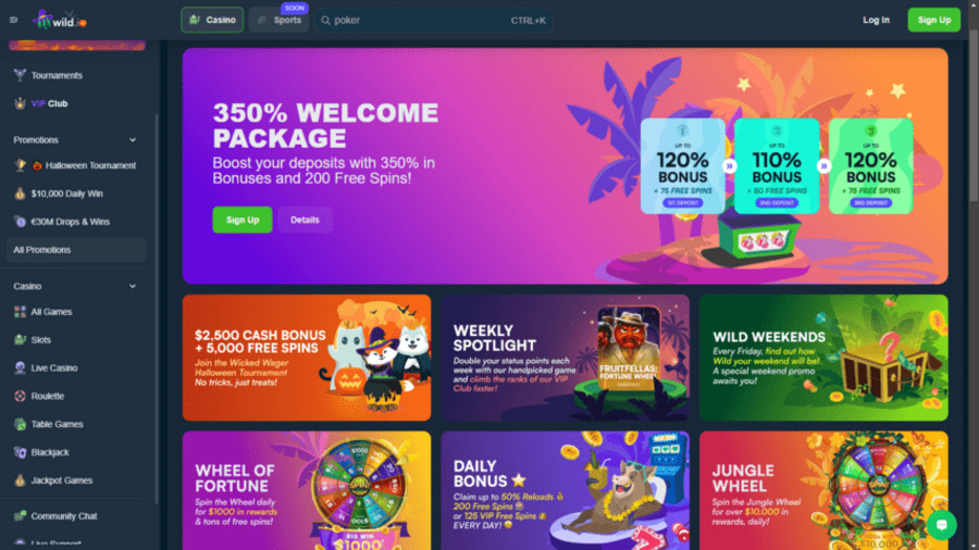 Wild.io is loaded with bonuses, from the 350% welcome package and the Wheel of Fortune to a daily bonus. There is tons of free play available.