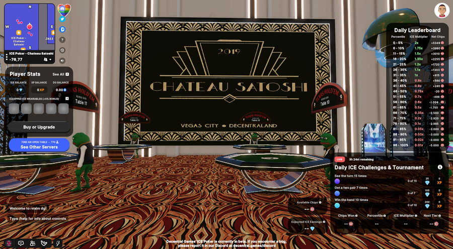 Frog dealers are waiting for you inside the luxurious Chateau Satoshi casino, an Art Deco masterpiece!