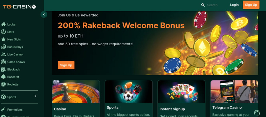 The casino’s homepage, which has a minimalist black and green theme, gives you instant access to casino games and sports betting.