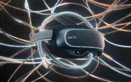 A sleek, futuristic 3D render of a Meta Quest Pro headset, surrounded by a network of glowing, translucent connectivity wires. The headset's design is streamlined and modern, with a halo-like band and an array of sensors in the front. The wires appear to be interconnected, forming a mesmerizing pattern that radiates from the headset. The background is dark and space-like, emphasizing the high-tech feel of the image., 3d render
