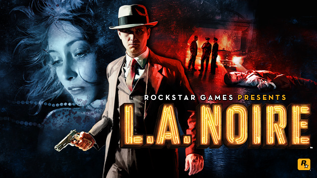 La Noire cover image. A detective in early 20th century clothing and a fedora hat holds a gun on a blue and red smoky background