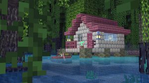 A Minecraft house in a Mangrove swamp