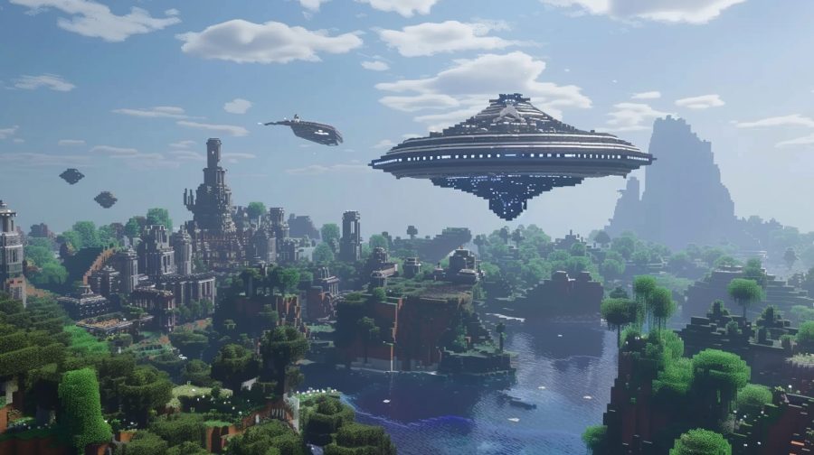 An AI generated image of a UFO over a Minecraft biome