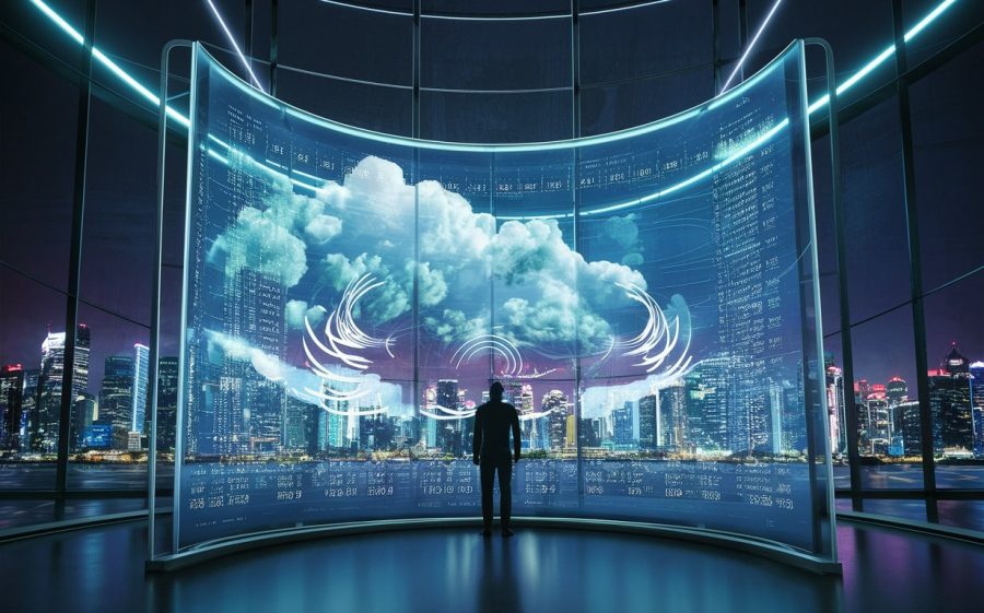 A stunning 3D render of a futuristic weather station, with a massive transparent screen displaying intricate weather data. The city skyline at night is visible outside the window, illuminated by colorful neon lights. The screen presents a cinematic, immersive experience, with dynamic animations of clouds, wind currents, and temperature fluctuations. The overall ambiance is sleek, modern, and inviting, capturing the essence of cutting-edge technology and urban life., 3d render, cinematic