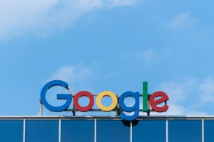 Close-up of Google logo on a Google building