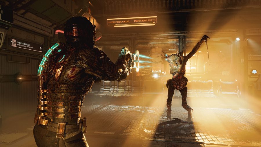 Dead Space's hero, Isaac Clark, readies a futuristic cutting tool to dispatch a hideous space monster in Dead Space (remake)