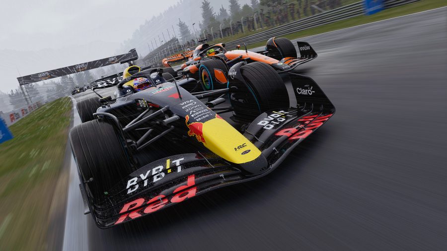 An image of a Red Bull Formula One racing car driving towards the viewer in the F1 24 game.