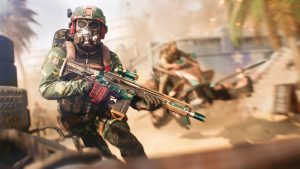 A soldier in fatigues with a skull facemask, carrying an assault rifle, running into combat. Another soldier is riding a futuristic ATV in the blurred background.