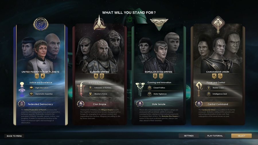 An image of the faction select screen of Star Trek Infinite