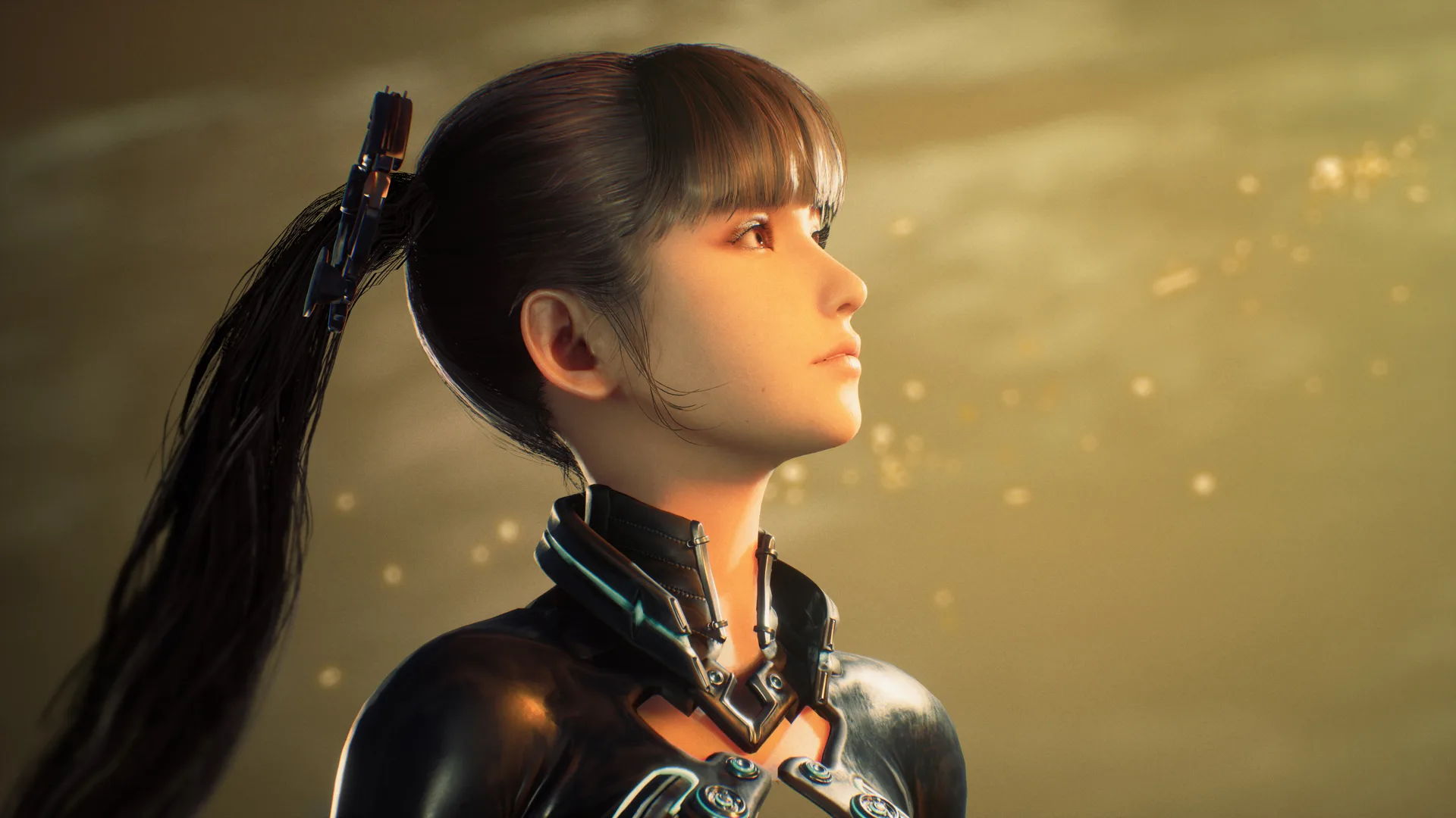 Eve, the heroine of Stellar Blade, is seen in profile, looking to the right at something off-screen