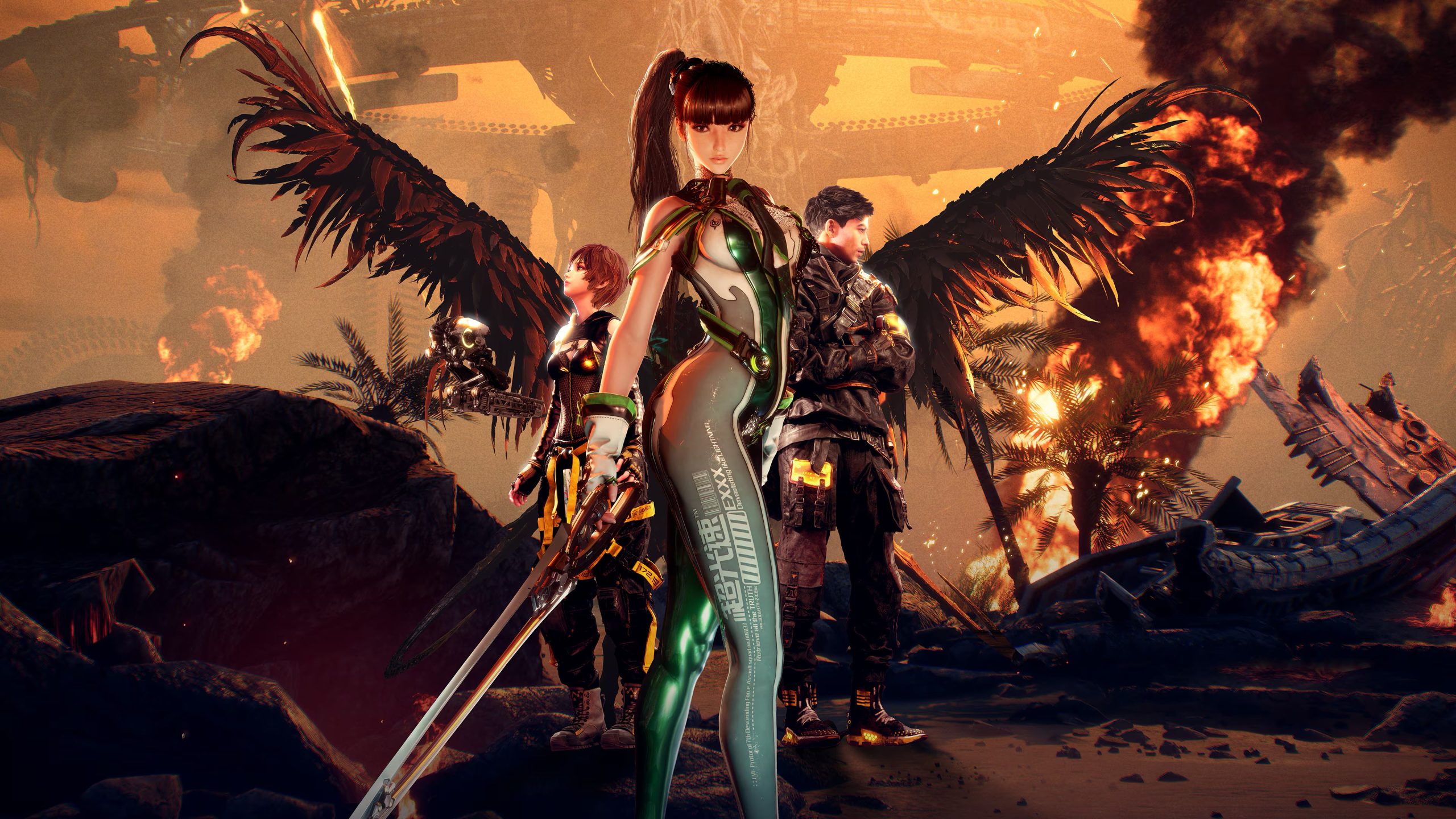 promotional image of Stellar Blade showing hero Eve centered, striking a combat pose with her hip thrust out
