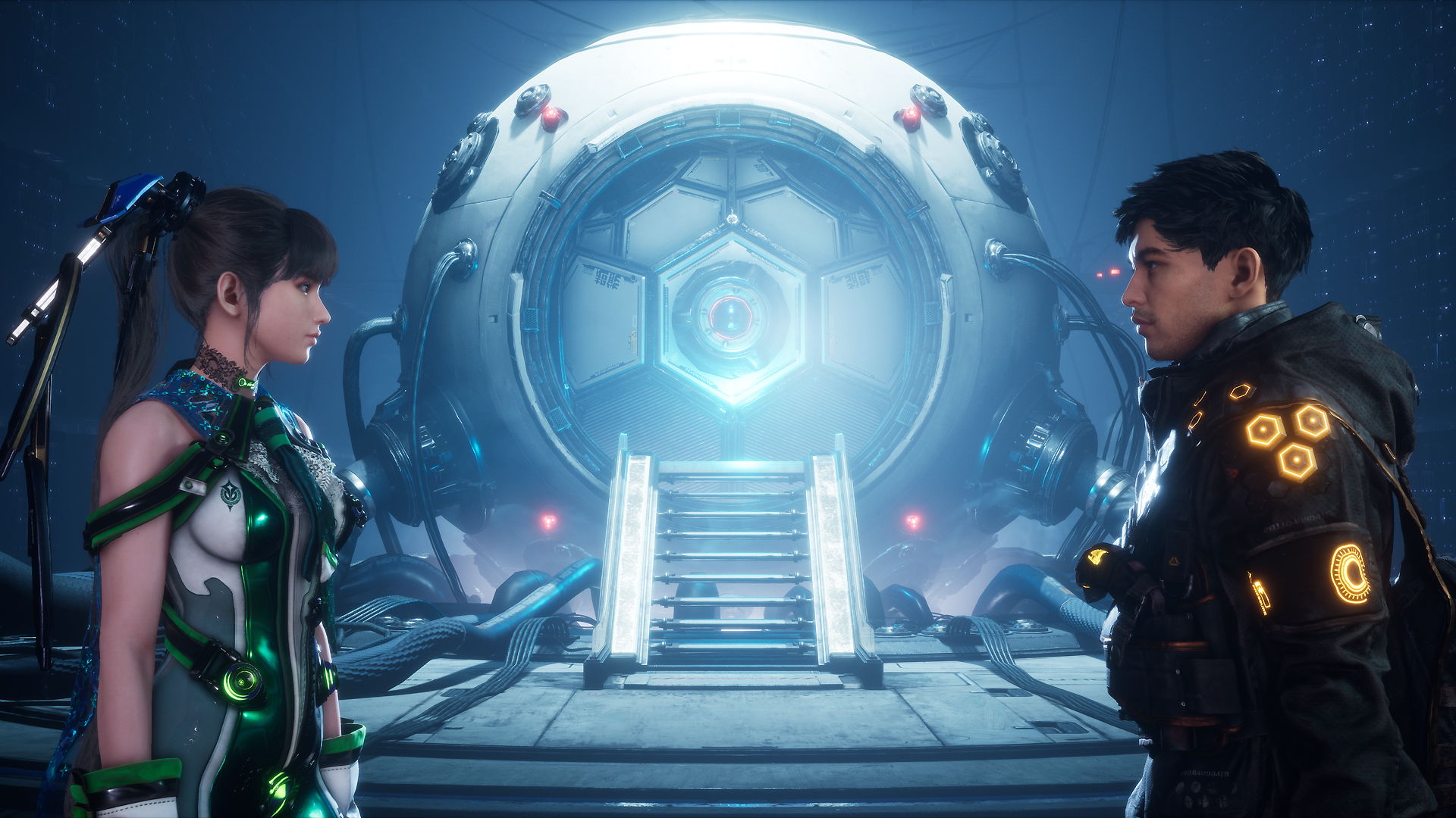 Eve and her companion face each other, in the background a set of stairs leads up to a futuristic looking chamber whose door is glowing blue.