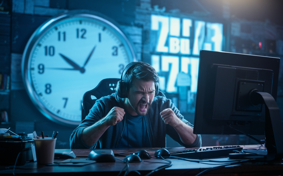 A dramatic cinematic shot of a frustrated gamer, sitting in a dimly lit room with a cluttered desk, staring at a blank screen. His furrowed brow and clenched fists reflect his impatience and anger. In the background, a massive digital clock ticks away, counting down to the yet-to-be-announced release date