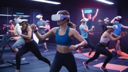 An AI-generated image of a gym with everybody wearing VR goggles.