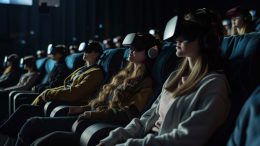 An AI generated image of people in a movie theater waring VR goggles.