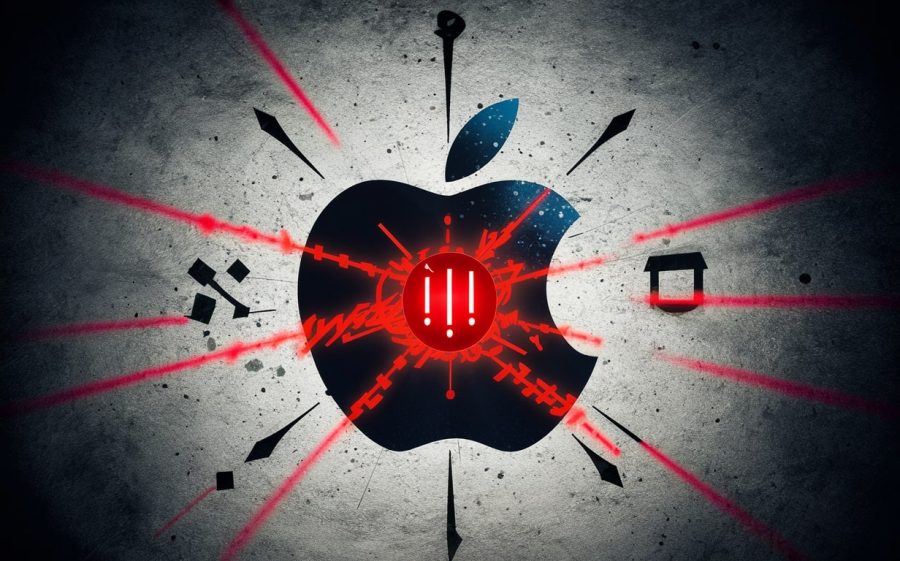 An Apple logo with red alert symbols around it to symbolize a spyware attack. Dramatic in tone