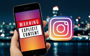 A smartphone with a 'warning explicit content' warning on screen alongside an instagram logo. The background is a blurred night cityscape