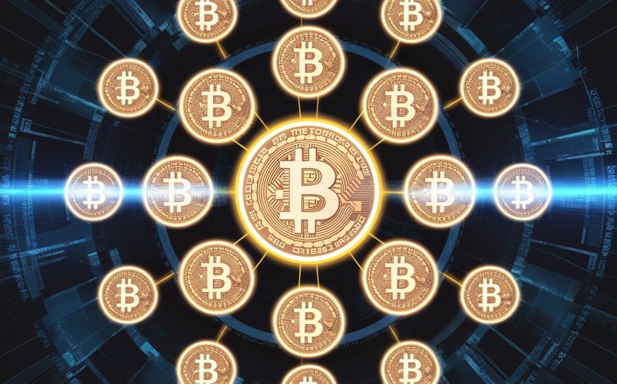 A captivating visual representation of the total Bitcoin holdings of spot Bitcoin ETFs, illustrated as floating Bitcoin icons. The icons are arranged in a circular pattern, resembling a digital constellation. The background is a blend of dark space and digital code, giving it a futuristic and tech-savvy vibe. Each Bitcoin icon has a pulsating glow, symbolizing the continuous growth and evolution of the cryptocurrency market.