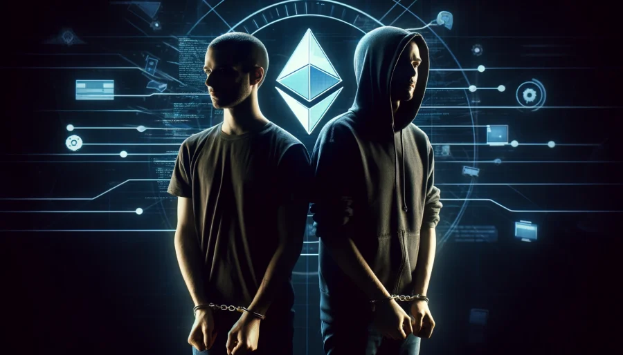 Two brothers in handcuffs standing back-to-back, with the Ethereum logo and lines of code projected onto their faces, symbolizing their alleged involvement in exploiting the Ethereum blockchain.