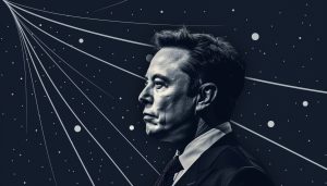 Black and white headshot of Elon Musk's side profile on a navy blue background with stylised white lines going across --ar 7:4