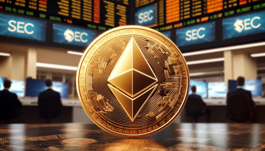 A golden Ethereum coin with the SEC logo reflected on its surface, set against a backdrop of a stock market trading floor.
