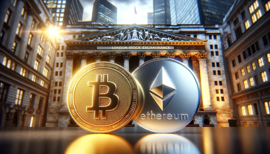 A 3D render of a golden Bitcoin and silver Ethereum coin standing side by side on a reflective surface with the London Stock Exchange building in the blurred background, illuminated by a dramatic spotlight.