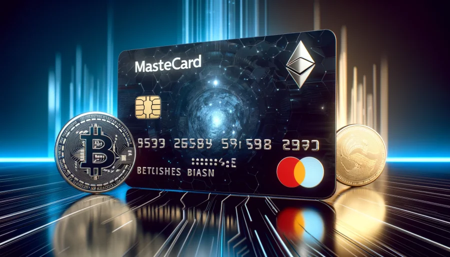 A sleek, modern Mastercard credit card with a holographic design featuring cryptocurrency symbols like Bitcoin, Ethereum, and Litecoin, set against a futuristic, digital background.