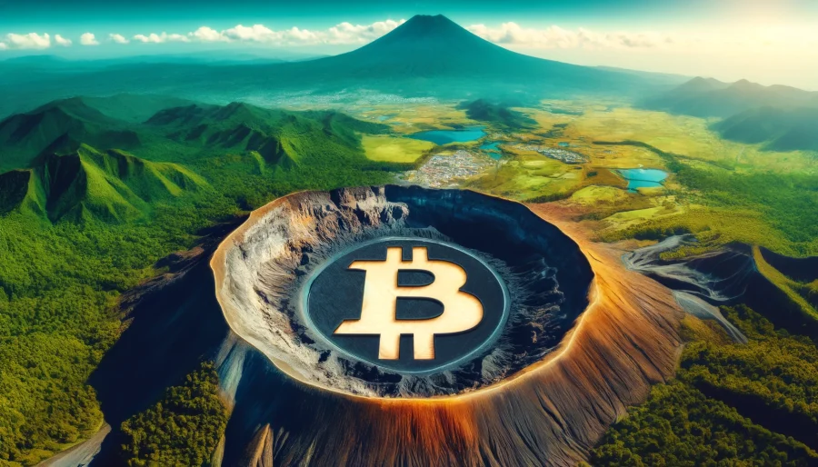Aerial view of the Tecapa volcano in El Salvador, with a Bitcoin logo superimposed on the volcanic crater, symbolizing the geothermal energy used for mining.