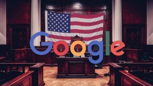 A vibrant and striking image of an empty courtroom, with the USA flag prominently displayed. The flag is folded and stands tall in the center of the room. The courtroom is adorned with wooden furniture and has a sense of grandeur. In the foreground, the Google logo is creatively incorporated, seamlessly blending with the courtroom's architecture. The overall ambiance is a mix of patriotism and innovation, with a touch of surrealism., vibrant
