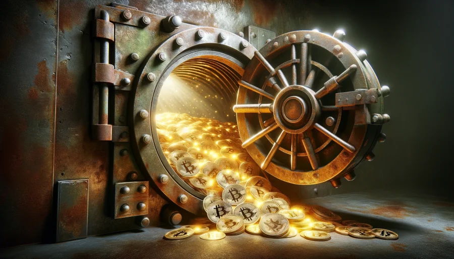 An old, rusted vault door creaking open, revealing a bright, glowing light emanating from within, illuminating piles of shimmering Bitcoins inside.