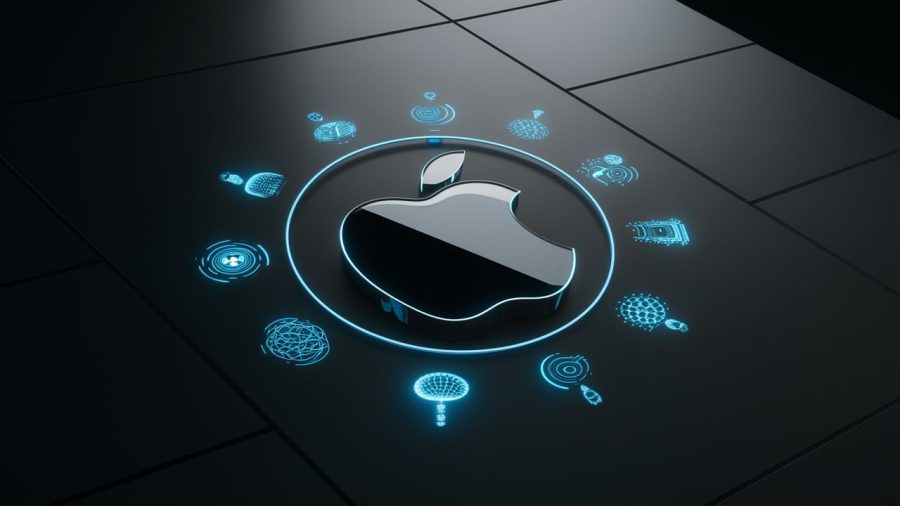 A sleek, futuristic cinematic rendering of the iconic Apple logo on a dark, black background. The Apple symbol is encircled by various blue symbols, each representing different aspects of AI technology, such as neural networks, deep learning, and machine learning. The overall design is elegant, streamlined, and modern, reflecting the cutting-edge technology behind Apple's AI capabilities., 3d render, cinematic