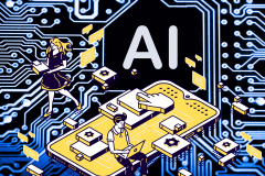 4 best AI apps for work productivity. This vibrant illustration depicts a man and a woman engaging with AI technology in a futuristic setting. The man, sitting at a desk with a laptop, interacts with various tech gadgets around him, while the woman, floating above, carries books and communicates through digital messages. The scene is set against a backdrop of a circuit board, emphasizing the theme of connectivity and technology, with the letters "AI" prominently displayed in the center, symbolizing the focus on artificial intelligence in enhancing productivity and collaboration.