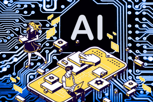 4 best AI apps for work productivity. This vibrant illustration depicts a man and a woman engaging with AI technology in a futuristic setting. The man, sitting at a desk with a laptop, interacts with various tech gadgets around him, while the woman, floating above, carries books and communicates through digital messages. The scene is set against a backdrop of a circuit board, emphasizing the theme of connectivity and technology, with the letters 