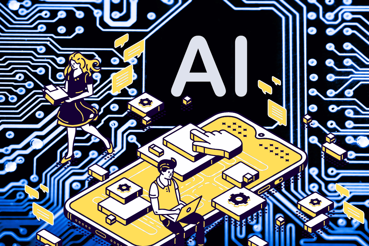 4 best AI apps for work productivity. This vibrant illustration depicts a man and a woman engaging with AI technology in a futuristic setting. The man, sitting at a desk with a laptop, interacts with various tech gadgets around him, while the woman, floating above, carries books and communicates through digital messages. The scene is set against a backdrop of a circuit board, emphasizing the theme of connectivity and technology, with the letters "AI" prominently displayed in the center, symbolizing the focus on artificial intelligence in enhancing productivity and collaboration.