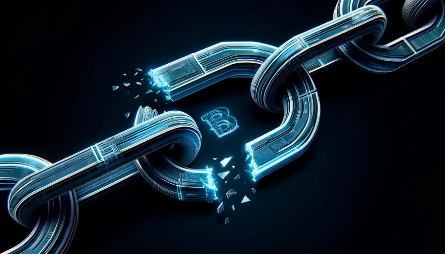 An abstract illustration of a broken chain, symbolizing the system-wide outage experienced by Coinbase, with a subtle Coinbase logo incorporated into the design.