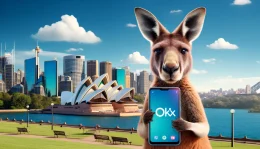 A kangaroo holding a smartphone with the OKX logo on the screen, standing in front of the Sydney Opera House and a vibrant Australian cityscape.