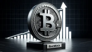 A 3D rendering of a Bitcoin symbol in a sleek, modern style, with the BlackRock logo subtly integrated into the design. The Bitcoin symbol is positioned in the center of the image, with a graph in the background displaying a sharp upward trend, representing the recent surge in Bitcoin's price and the success of BlackRock's IBIT.