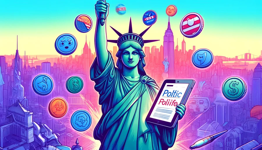 An illustration of the Statue of Liberty holding a tablet with "PolitiFi" inscribed on it, surrounded by various political memecoins floating in the air, with the Manhattan skyline in the background.