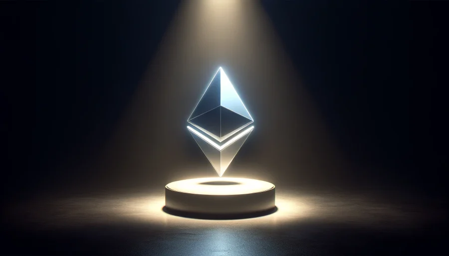 A sleek, modern Ethereum logo on a dark background, with a bright spotlight illuminating it from above, symbolizing the potential approval of the spot ETH ETF by the SEC.