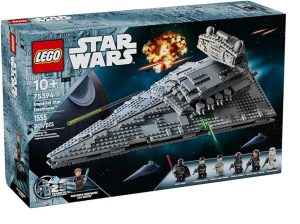 promotional image showing the box of the Lego Star Wars Imperial Star Destroyer playset; the iconic spaceship is on the front of the box with pictures of seven minifigure characters underneath