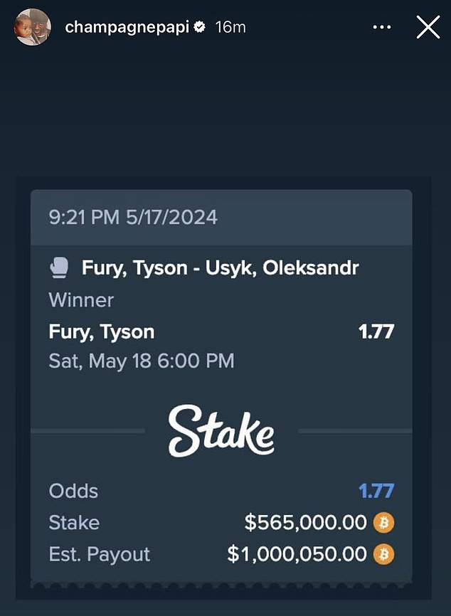 Drake's betting curse continues. Screenshot of Instagram story which contains a screenshot of betting slip showing $565,000 stake on Tyson Fury ahead of the Usyk fight.