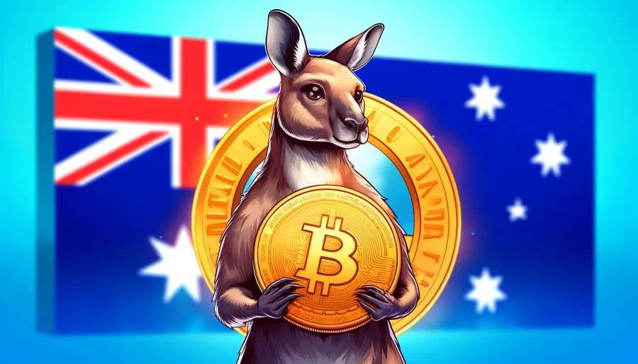 A digital illustration of a kangaroo holding a Bitcoin, with the Australian flag and the ATO logo in the background, symbolizing the Australian government's interest in regulating cryptocurrency.