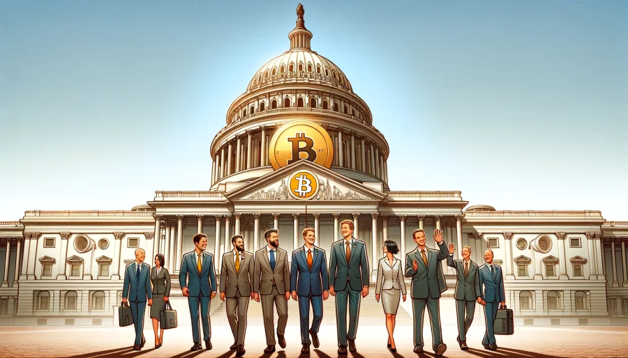 Crypto Capitol: Design an image of the U.S. Capitol Building with a large Bitcoin symbol on its dome. Pro-crypto politicians standing in front of the building, while anti-crypto politicians are seen walking away in defeat.