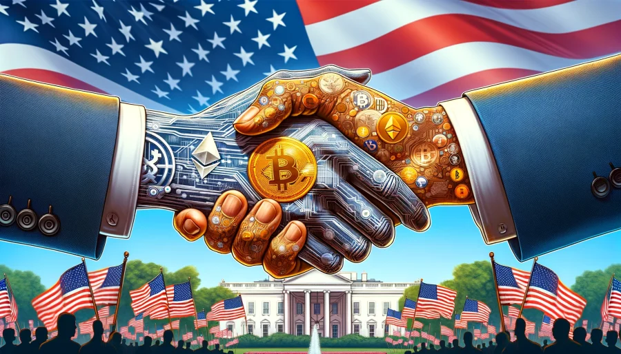 A conceptual illustration featuring a handshake between two hands, one made of flesh and the other composed of various cryptocurrency symbols, set against a backdrop of the American flag and the White House.