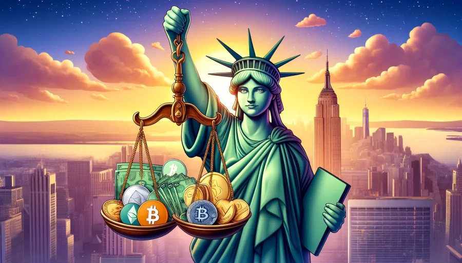 A digital illustration of the Statue of Liberty holding a balance scale, with cryptocurrencies on one side and a stack of cash on the other, symbolizing the settlement between Genesis and the New York attorney general.
