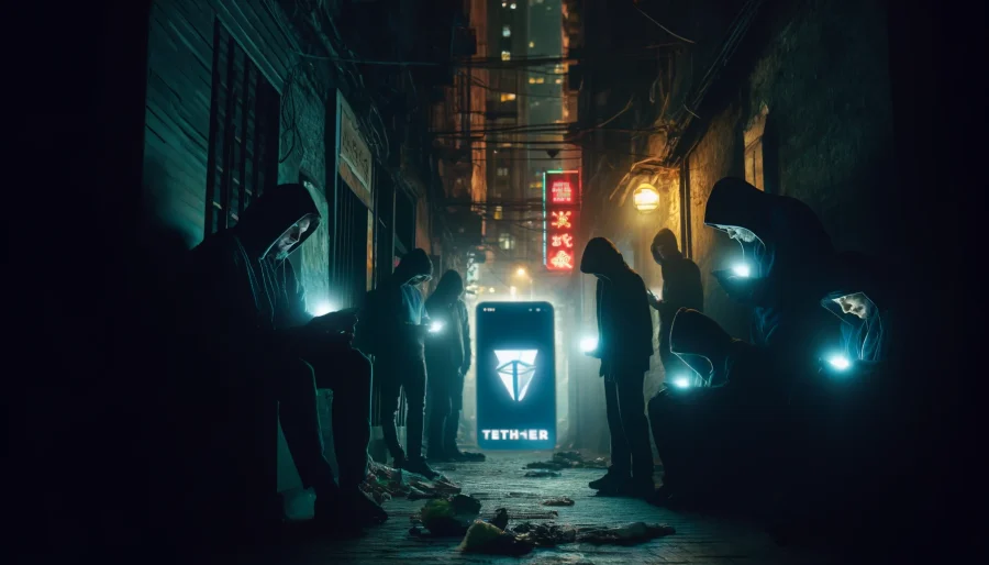 A dimly lit alleyway in a bustling Chinese city, with shadowy figures huddled around a glowing smartphone, the screen displaying the Tether logo and various foreign currency symbols, suggesting an underground cryptocurrency exchange operation.