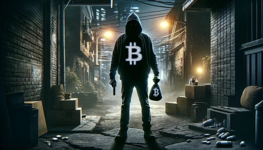 Dark, shadowy figure holding a bag of pills in one hand and a cryptocurrency symbol in the other, against a grungy, urban background.