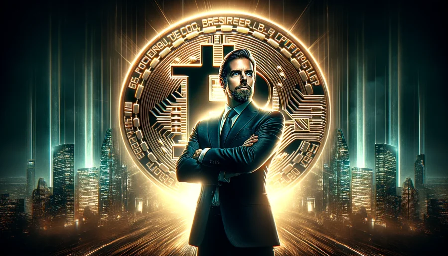 A determined Jack Dorsey stands confidently in front of a massive, glowing Bitcoin symbol, with the price "$1,000,000" prominently displayed, illuminating a dark cityscape behind him.