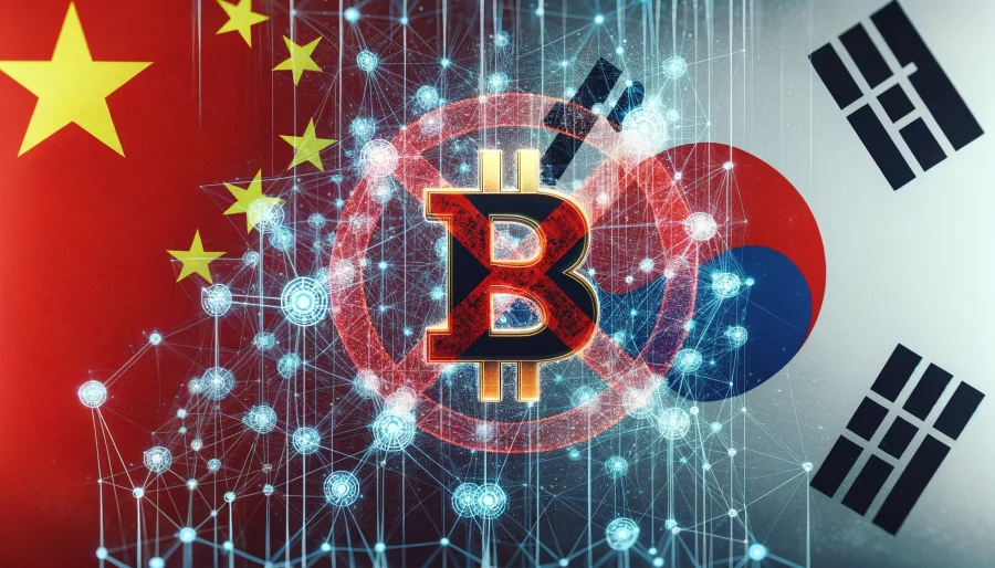 A network of interconnected nodes, representing a decentralized cryptocurrency network, with the Chinese and South Korean flags in the background, and a red "Banned" stamp over the image.